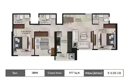 Ajmera Manhattan 3 BHK floor plan, 977 sq ft carpet area